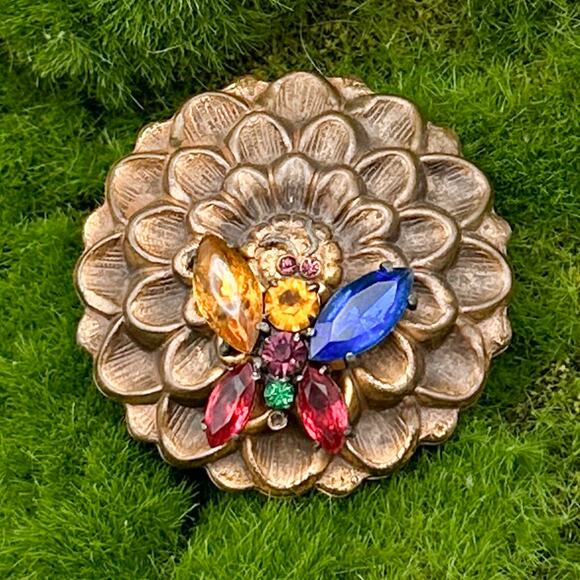 Gold Tone Floral Butterfly Brooch Likely Czech Art Glass Multi-Color c 1930s-40s - Picture 3 of 13